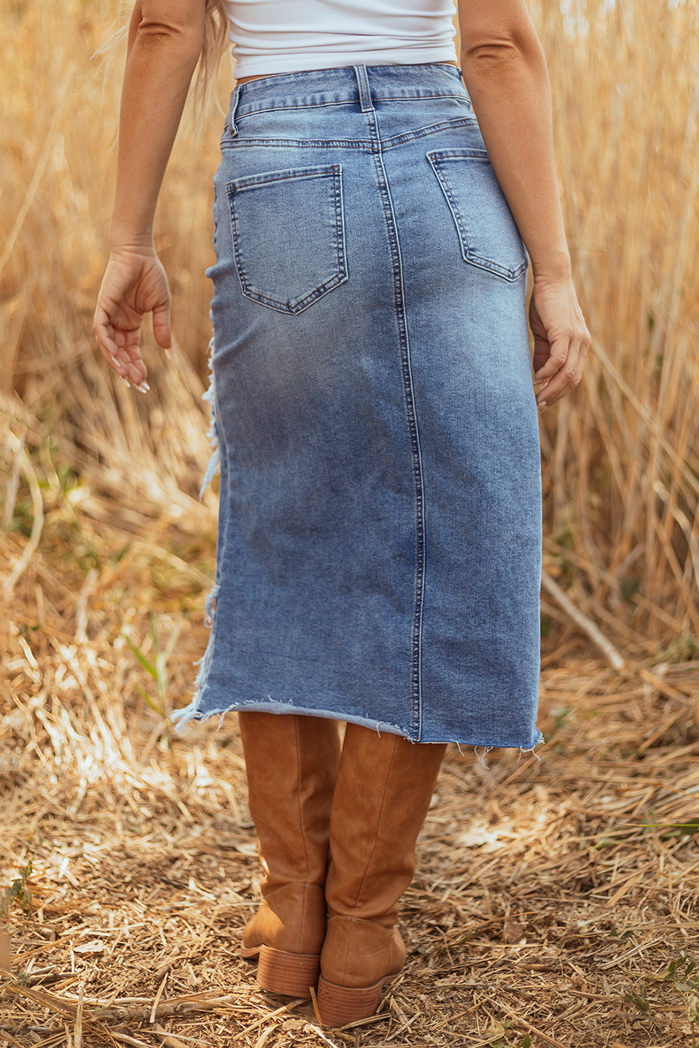 Distressed Bottom Denim Midi Skirt