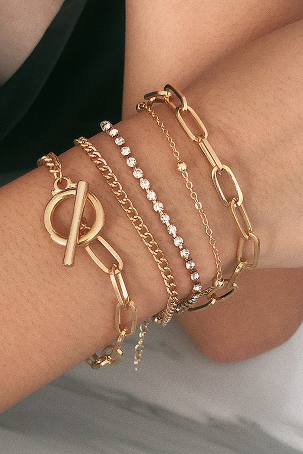 Multi Layered Rhinestone Plated Chain Bracelet Set