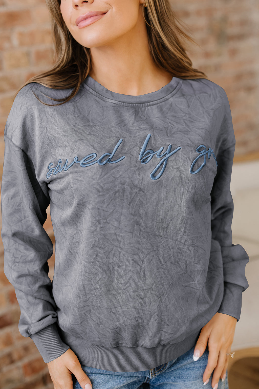 Saved By Grace Embroidered Mineral Wash Sweatshirt