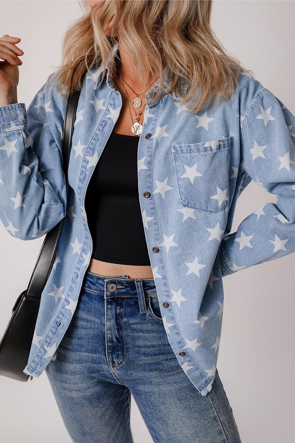 Blue Star Print Light Wash Raw Hem Denim Jacket