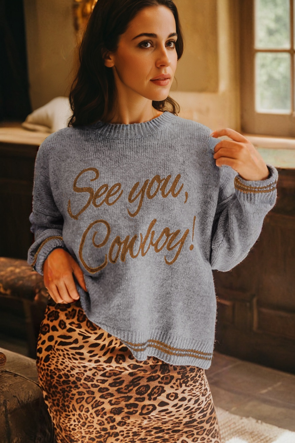 See You Cowboy Embroidered Western Graphic Sweater