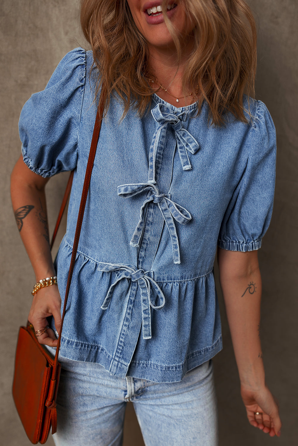 Tied Front Bubble Sleeve Denim Shirt