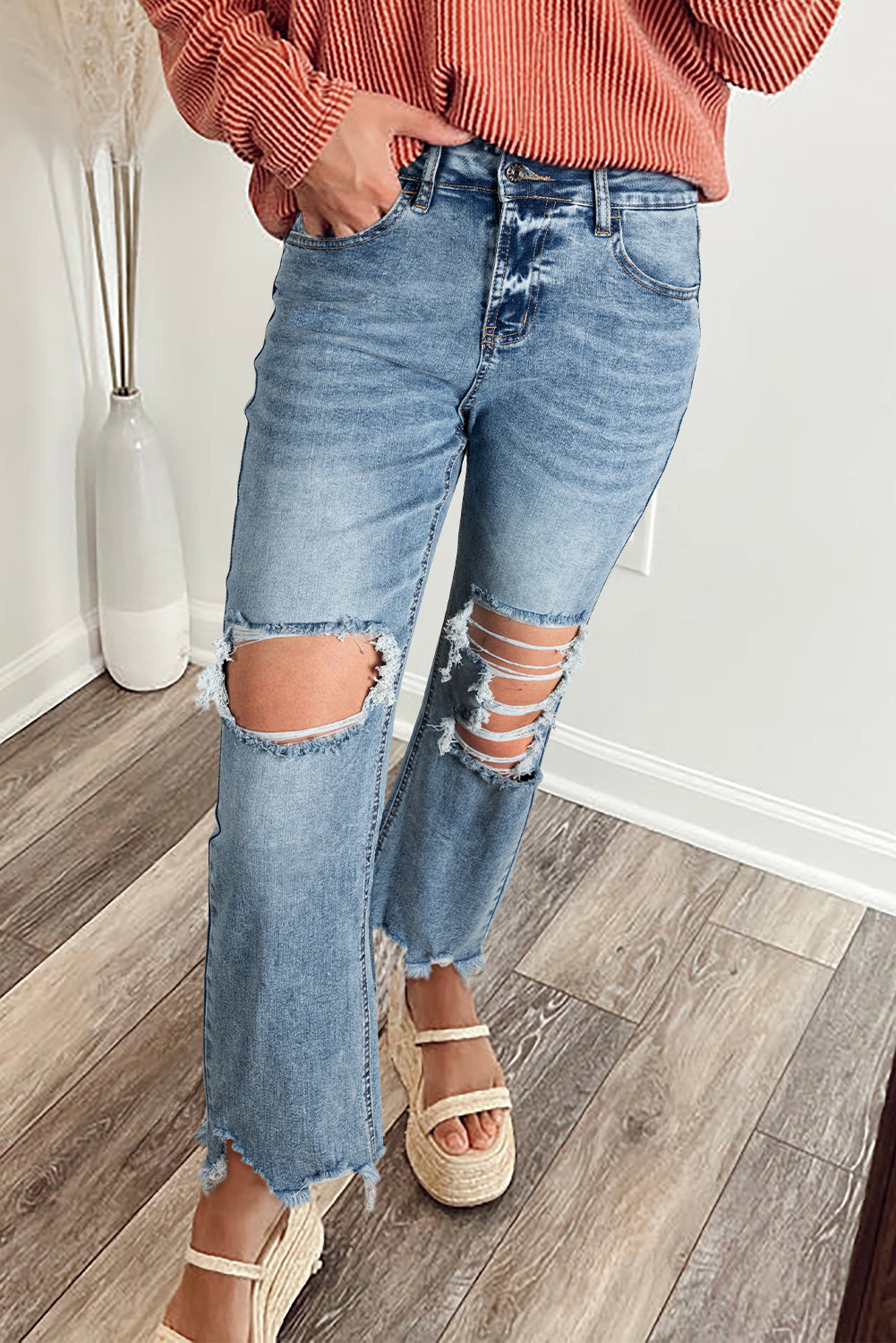Raw Hem Ripped Flare Jeans