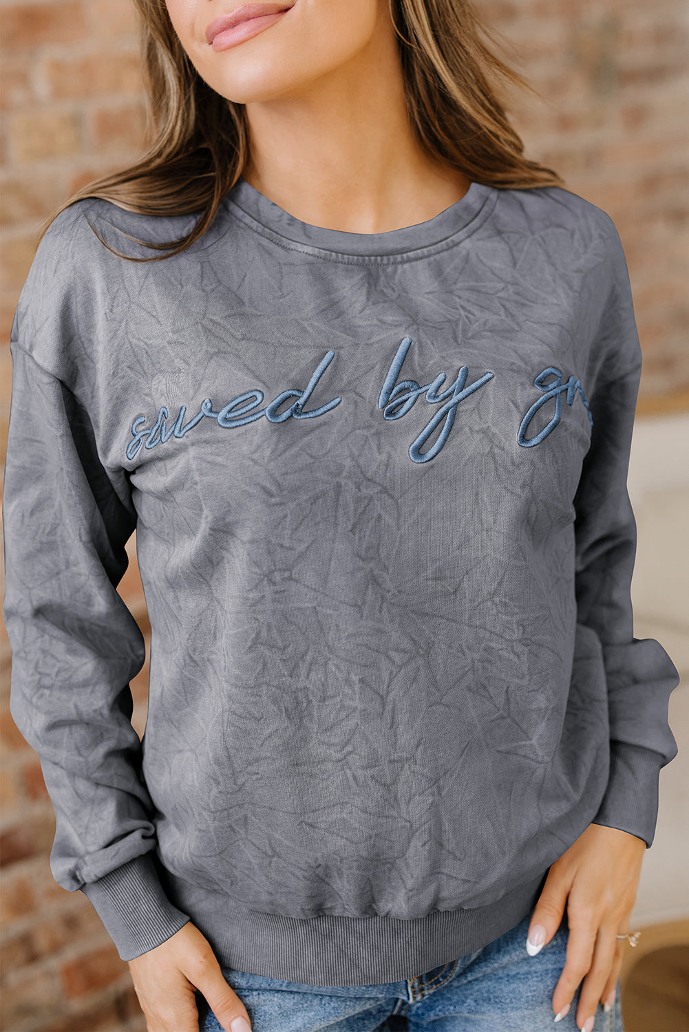 Saved By Grace Embroidered Mineral Wash Sweatshirt
