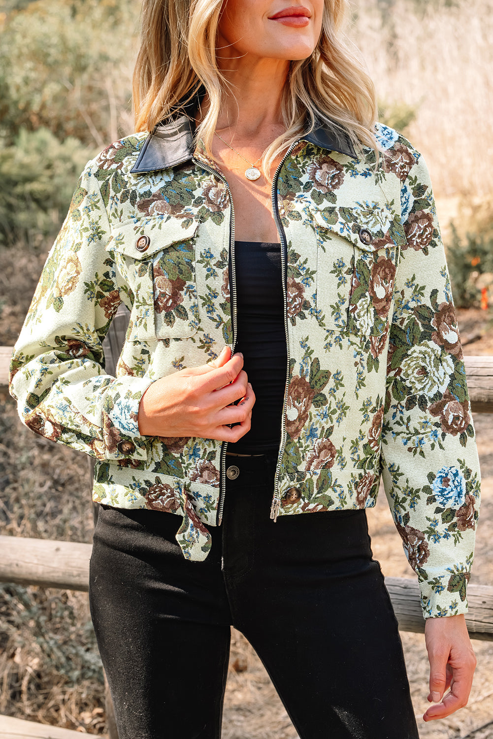 Floral Print Zip Up Collared Jacket