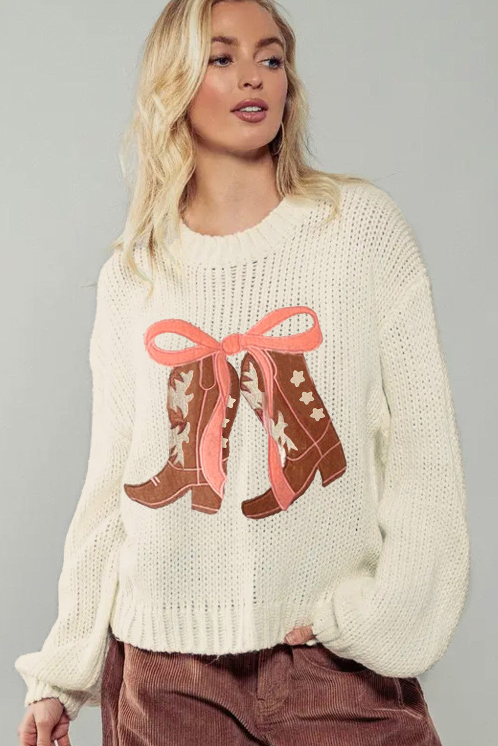 Embroidered Bow Boots Graphic Sweater