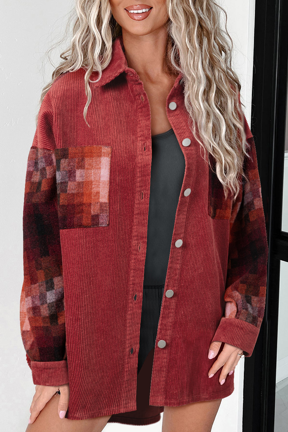 Checker Patchwork Oversized Corduroy Jacket