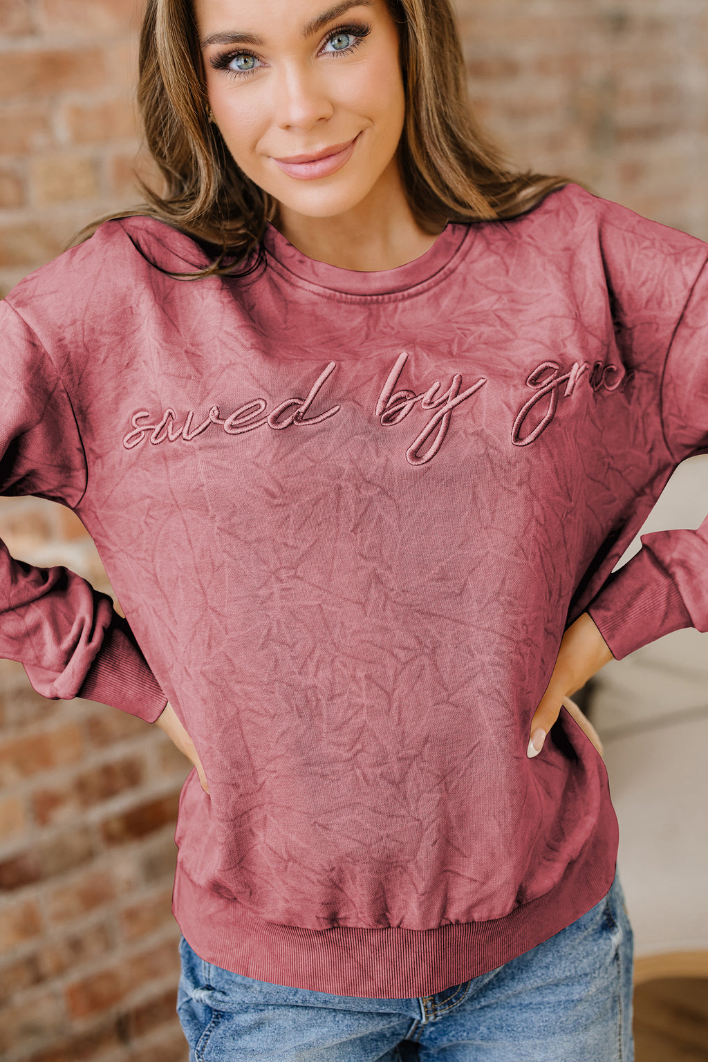 Saved By Grace Embroidered Mineral Wash Sweatshirt