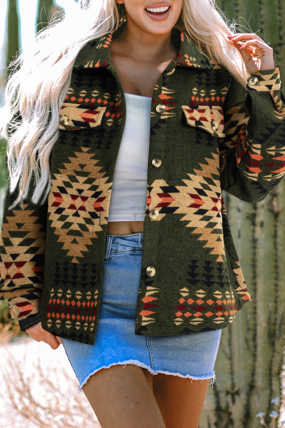 Green Aztec Print Long Sleeve Shacket