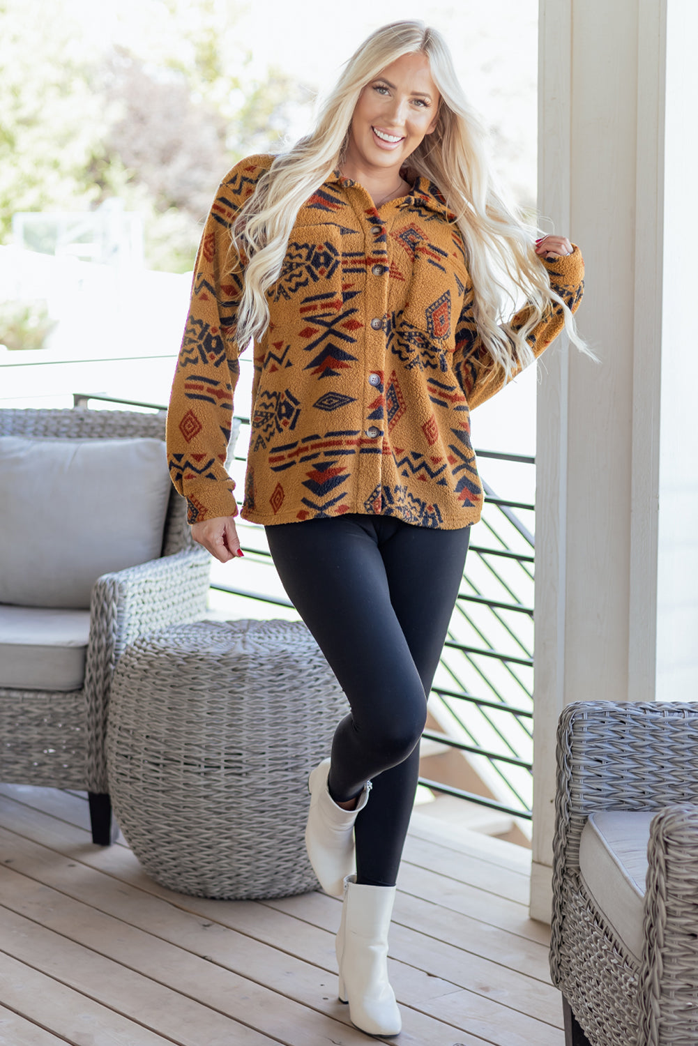 Khaki Western Aztec Pattern Fleece Shacket