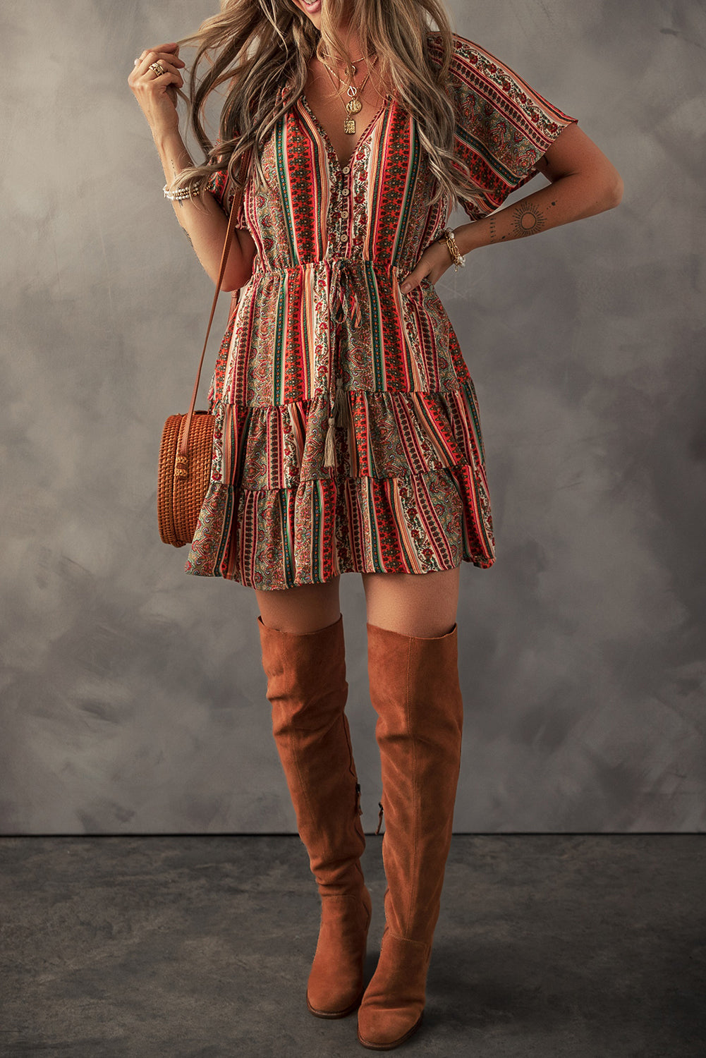 Bohemian Floral Print V Neck Dress
