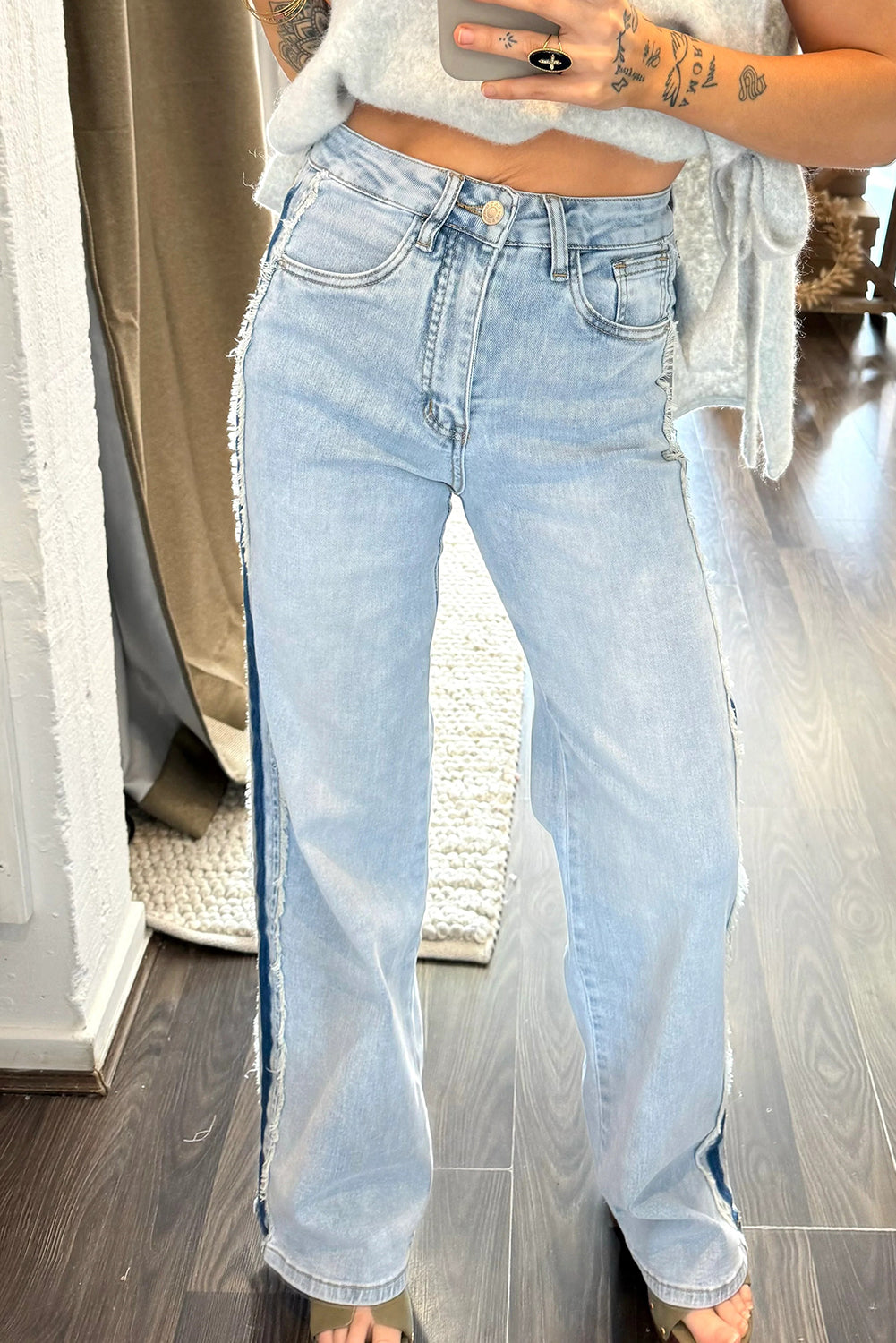 Contrast Stripe Frayed Side Panel Jeans