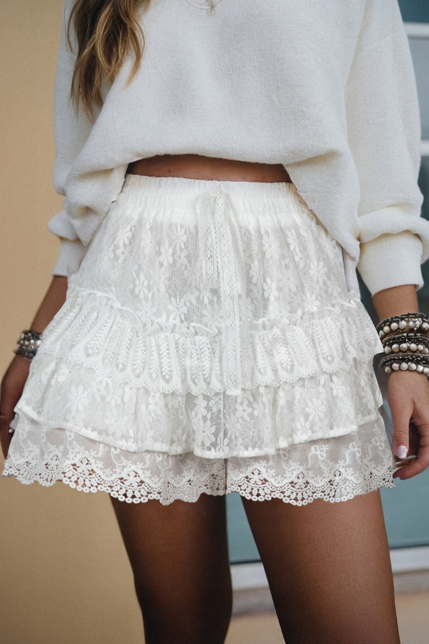 White Lace Tiered Shorts