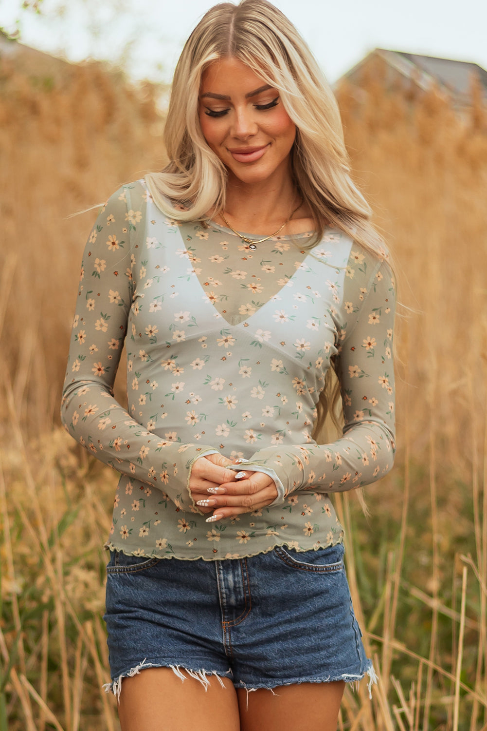 Laurel Green Vintage Floral Print Mesh Long Sleeve Top