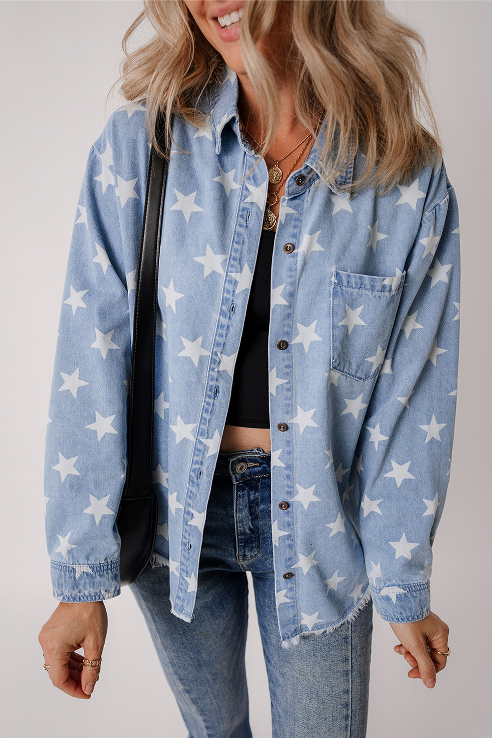 Blue Star Print Light Wash Raw Hem Denim Jacket