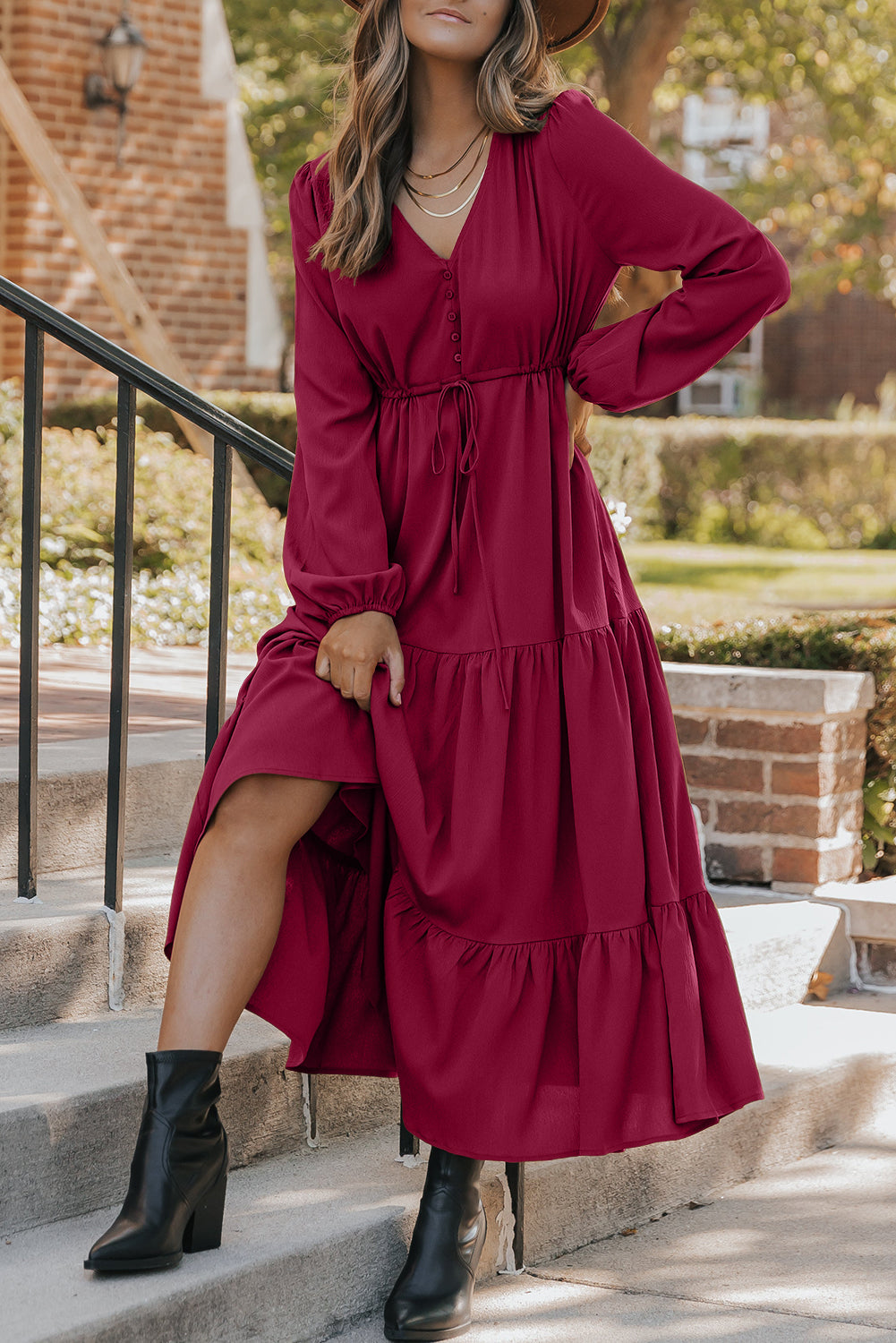 Burgundy Long Sleeve Tiered Maxi Dress
