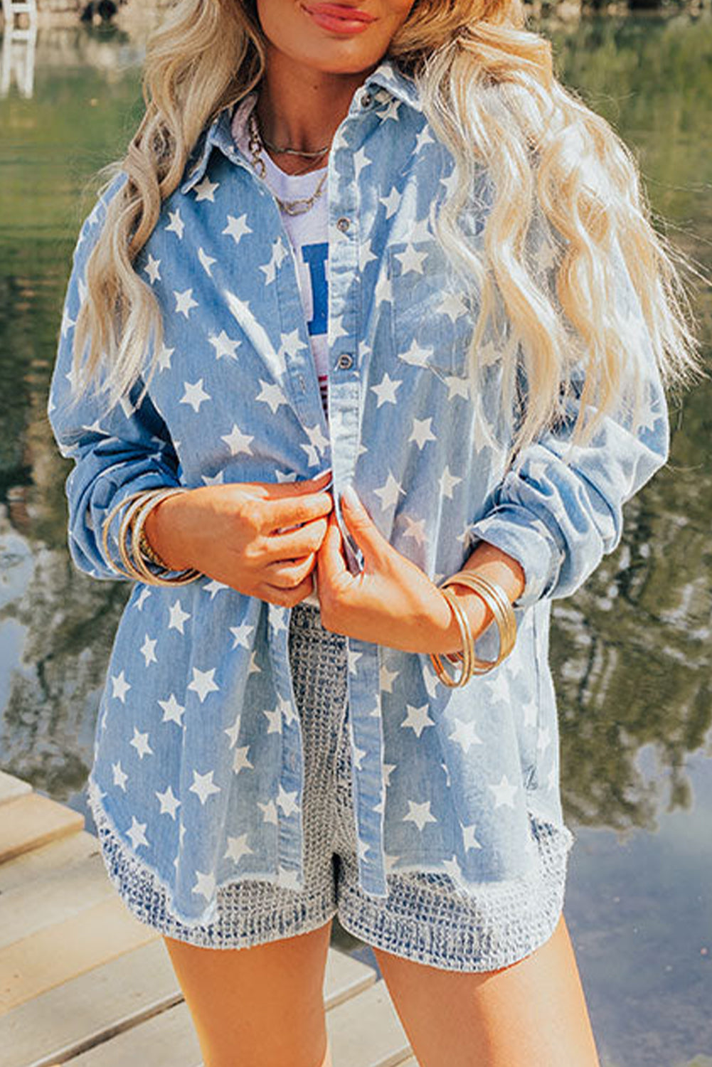 Blue Star Print Light Wash Raw Hem Denim Jacket