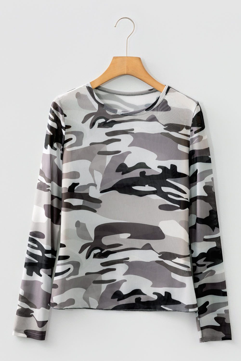 Green Camouflage Print Mesh Long Sleeve Top