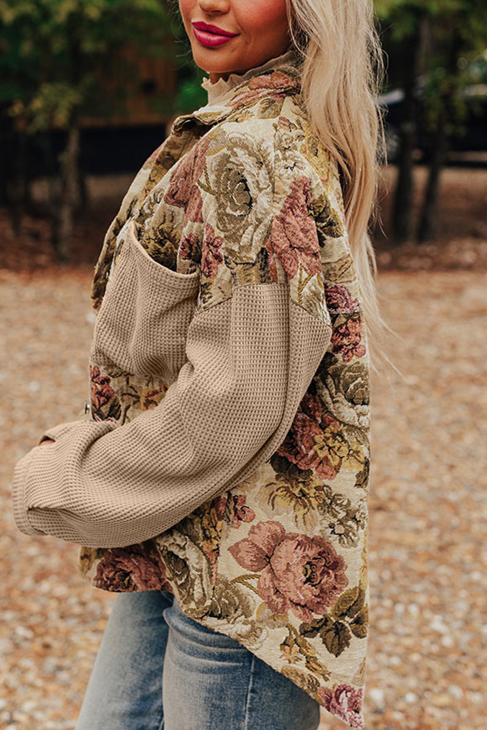 Floral Waffle Knit Buttoned Jacket