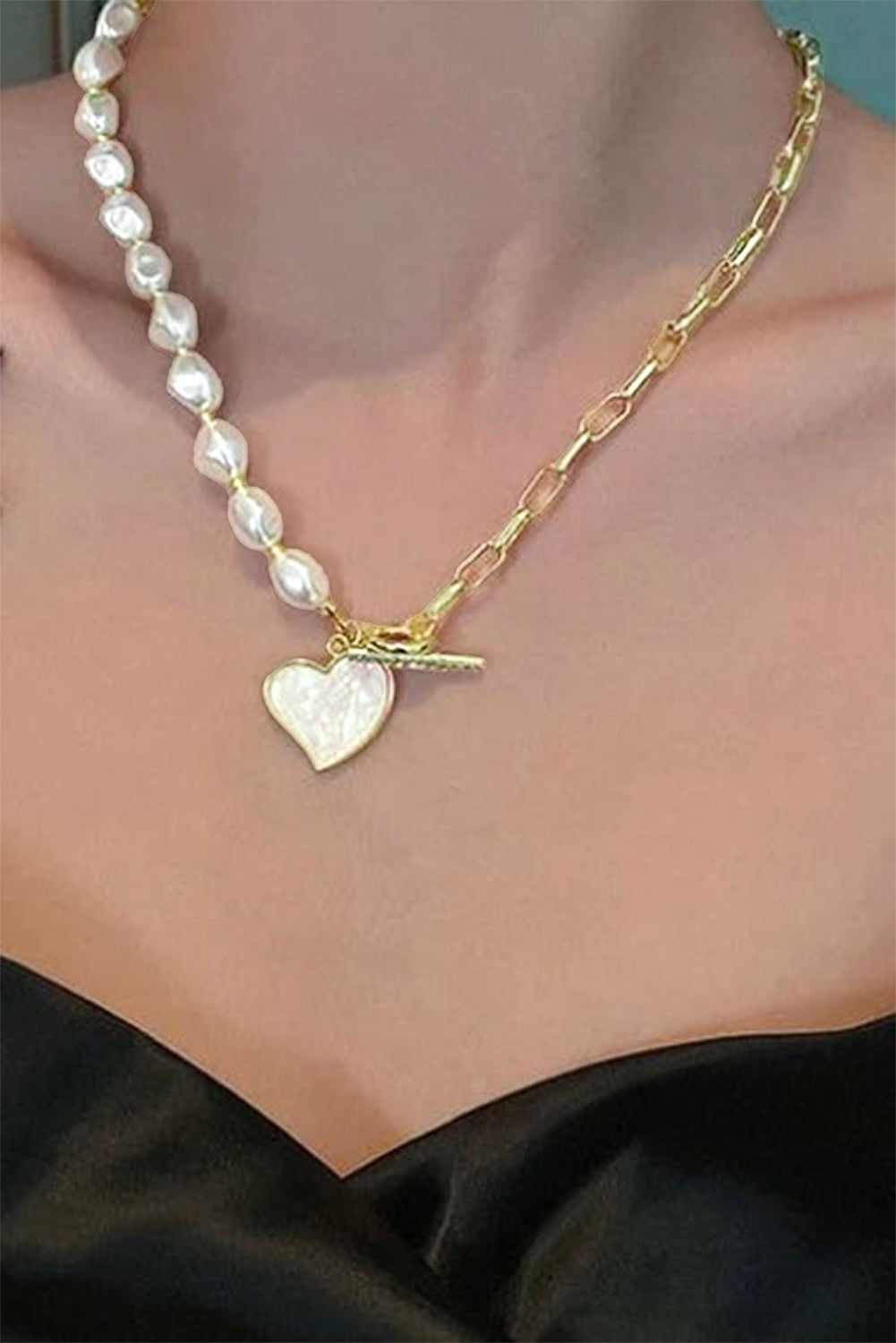 Heart Shape Pendant Pearl Chain Necklace