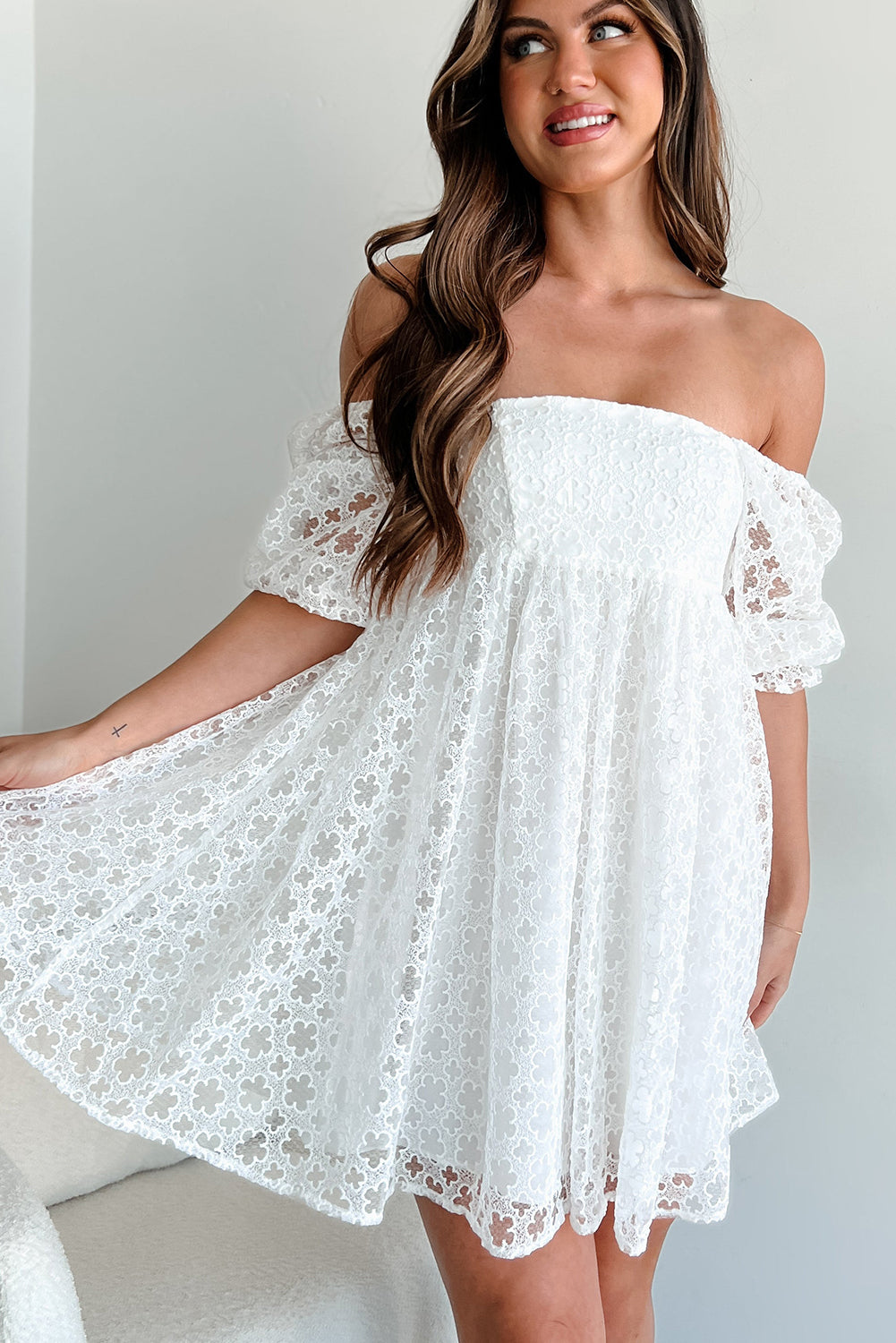White Floral Lace Puff Sleeve Mini Dress