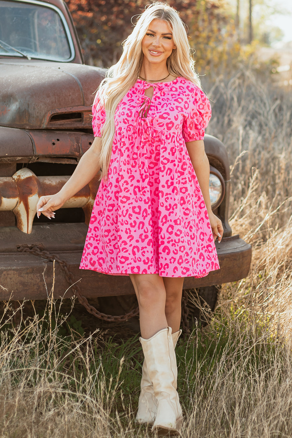 Pink Leopard Print High Waist Mini Dress