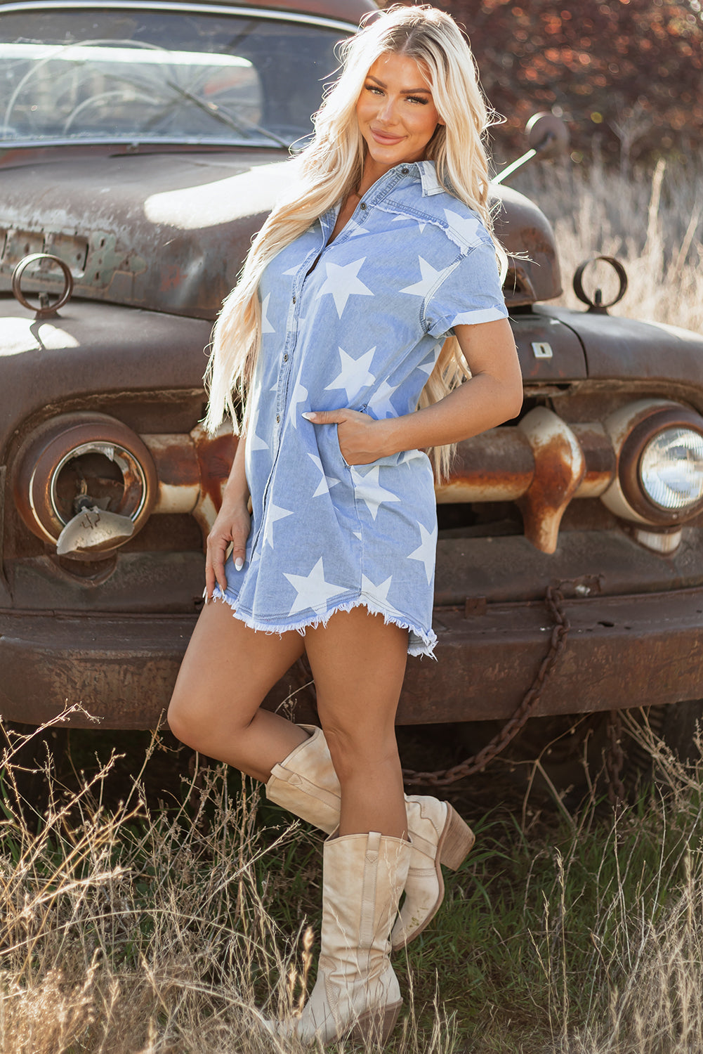Sky Blue Stars Short Sleeve Denim Dress