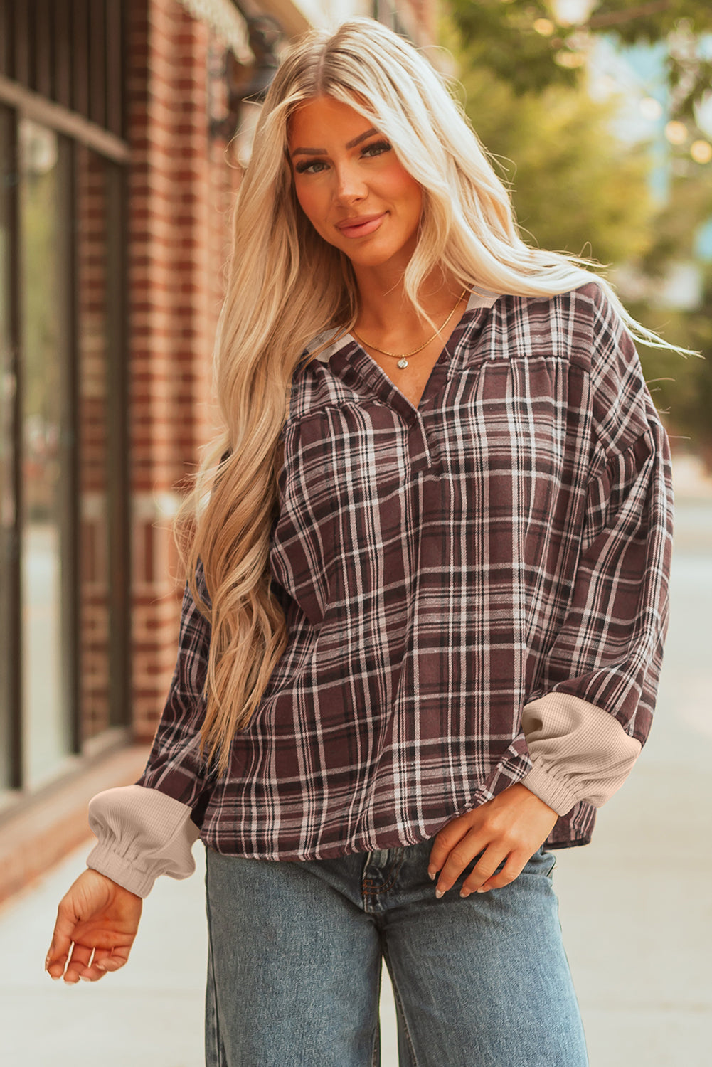 Brown Plaid Long Sleeve Hooded Sweater
