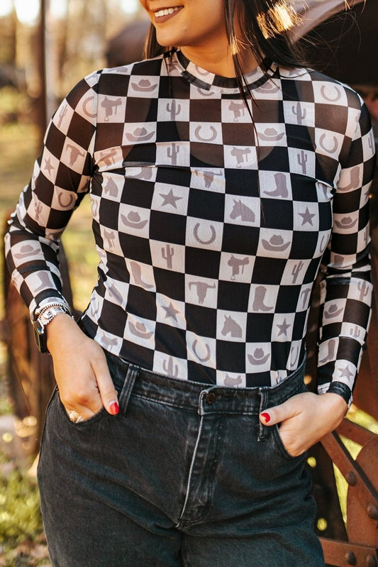 Checkerboard Mesh Long Sleeve Top