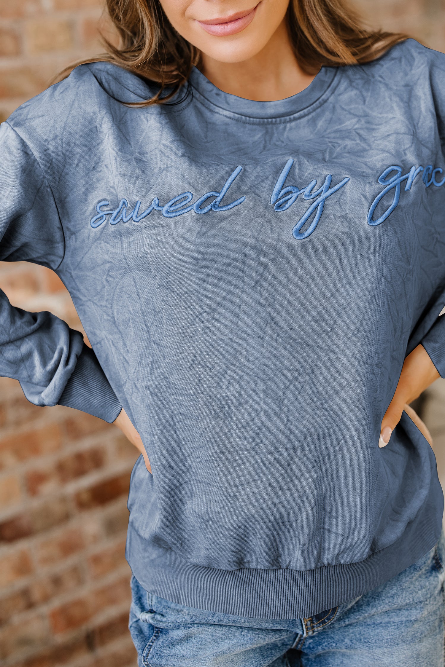 Saved By Grace Embroidered Mineral Wash Sweatshirt