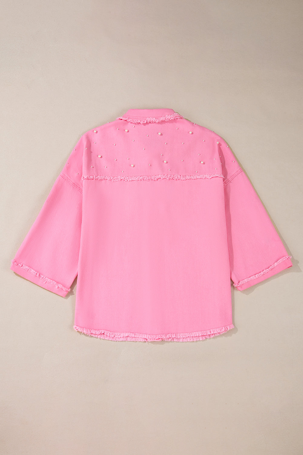 Pearl Beaded Raw Hem Button Up Denim Jacket