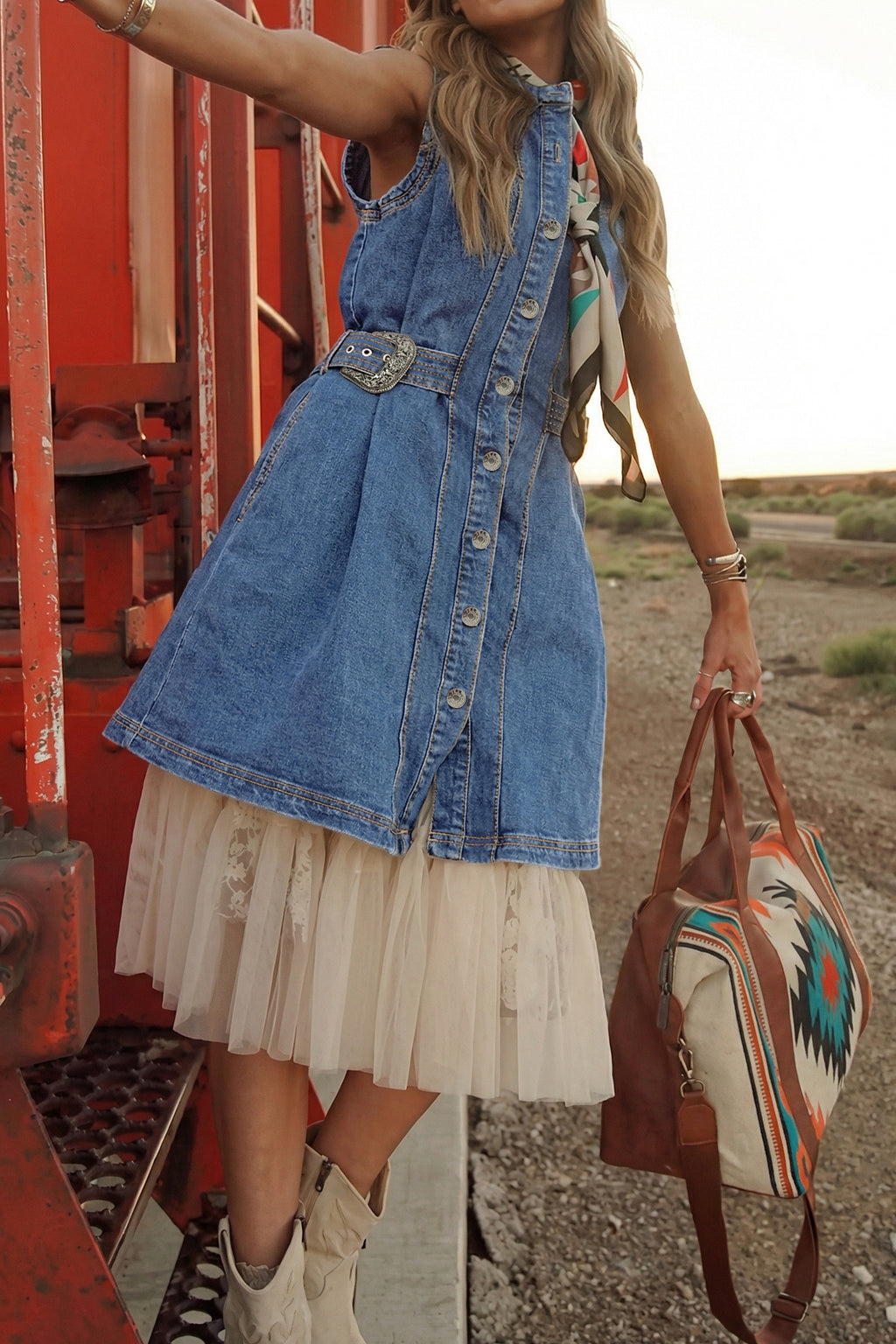 Western Belt Sleeveless Denim Dress