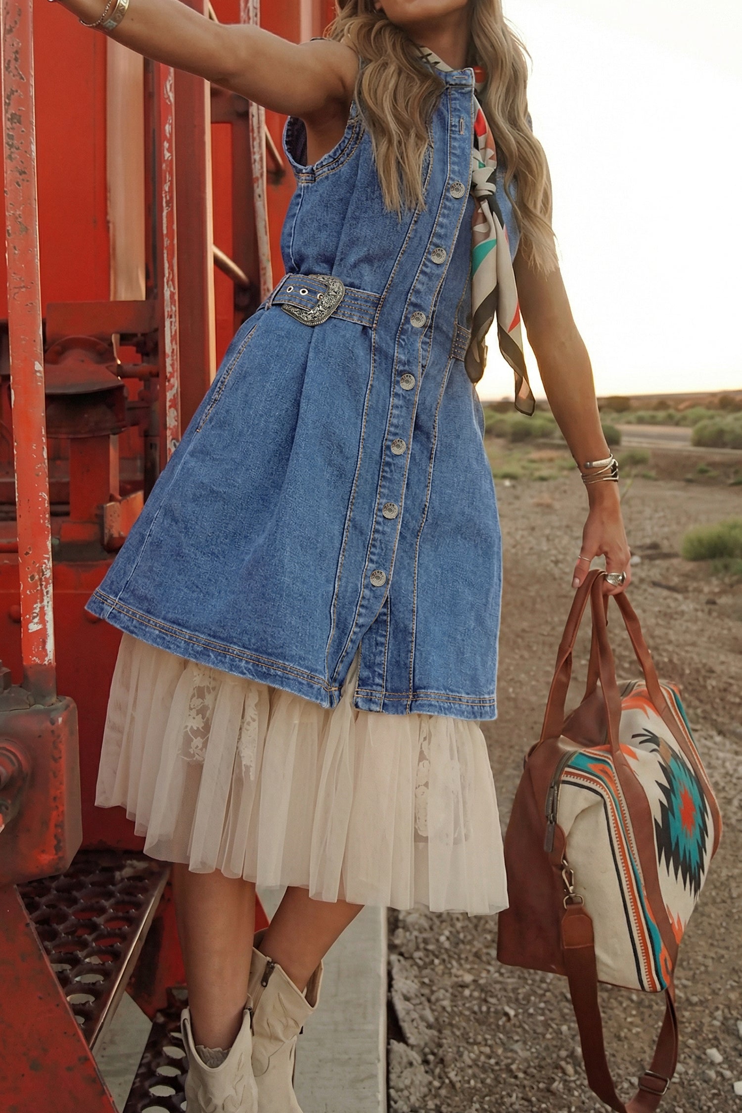 Western Belt Sleeveless Denim Dress