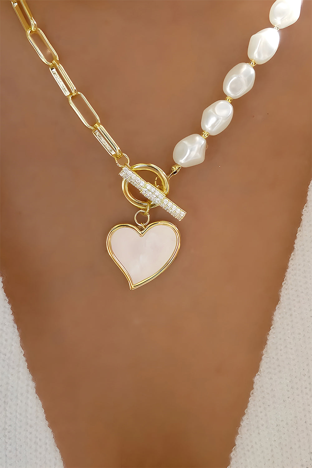 Heart Shape Pendant Pearl Chain Necklace