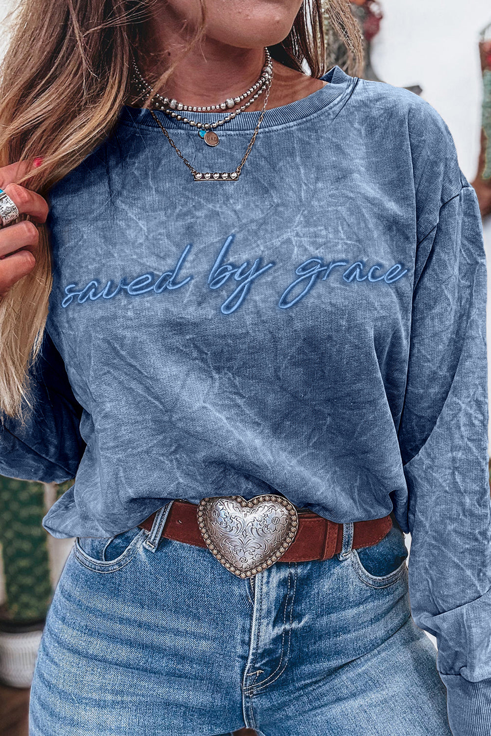 Saved By Grace Embroidered Mineral Wash Sweatshirt