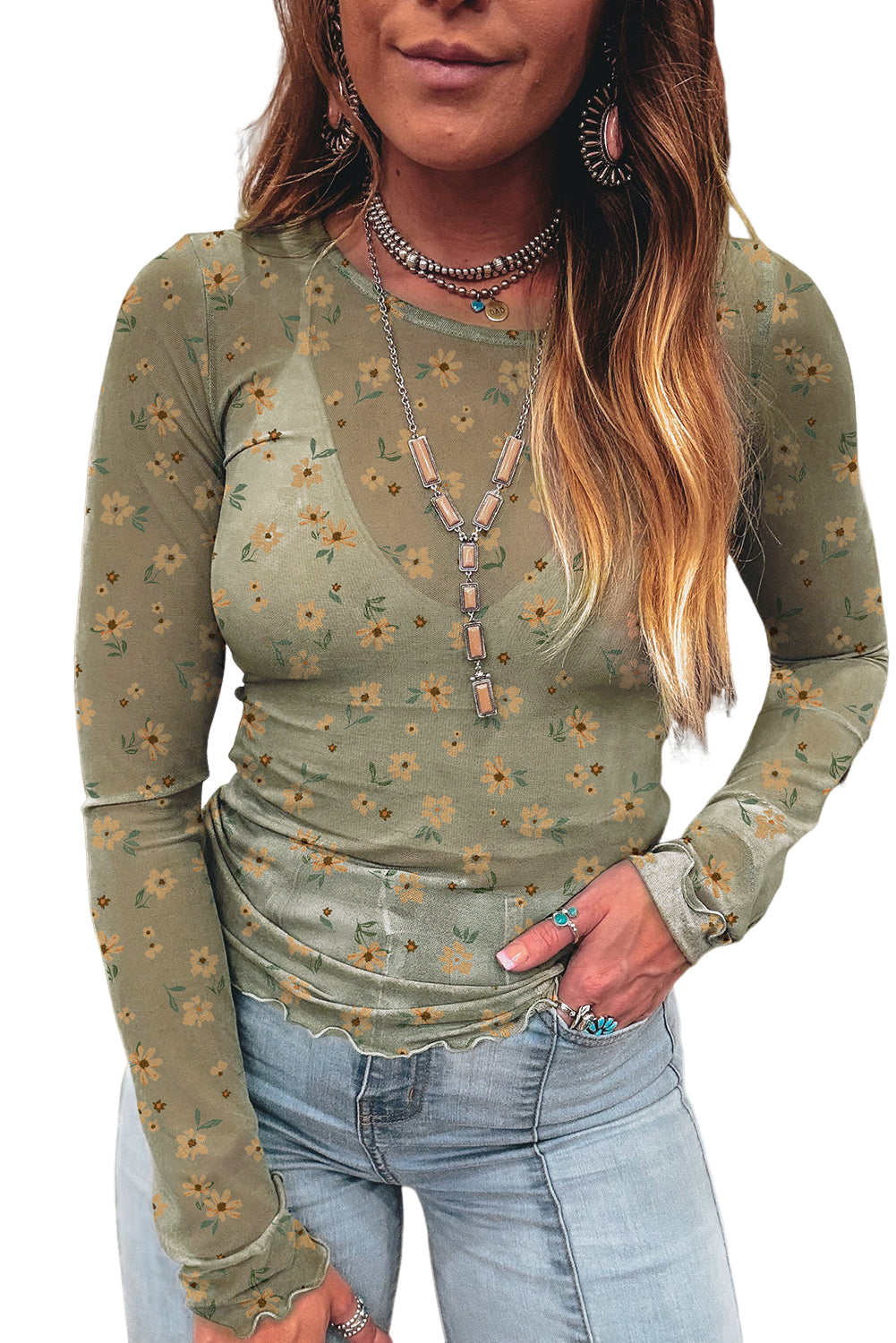 Laurel Green Vintage Floral Print Mesh Long Sleeve Top
