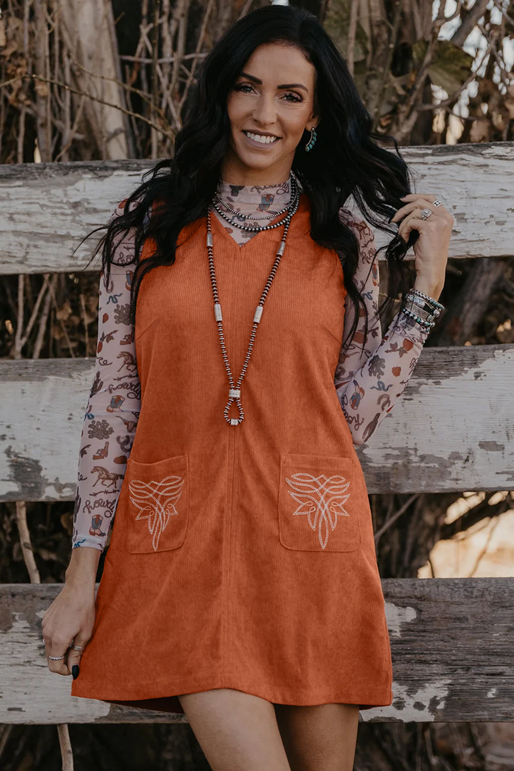 Corduroy Western Embroidered Sleeveless Mini Dress