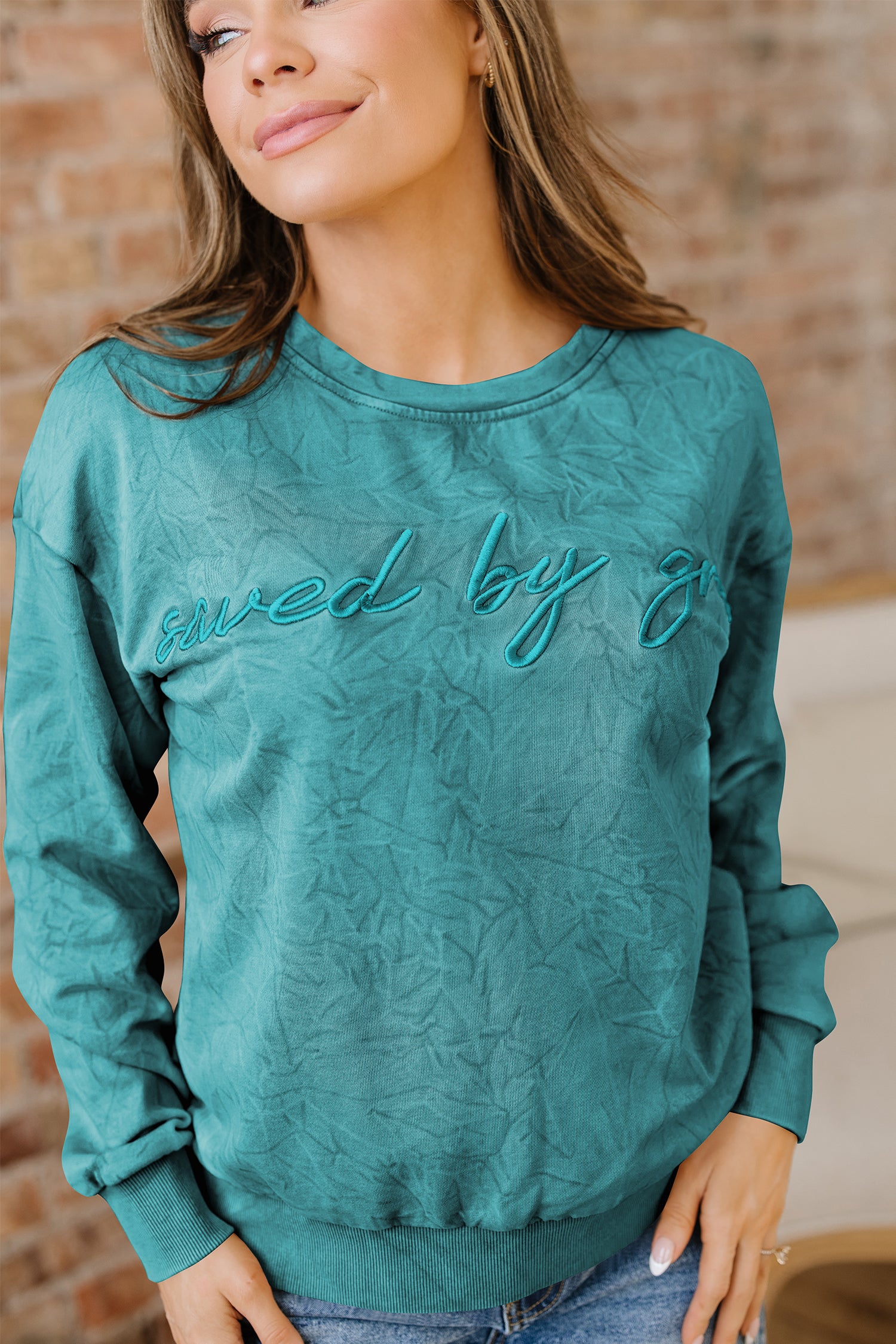 Saved By Grace Embroidered Mineral Wash Sweatshirt