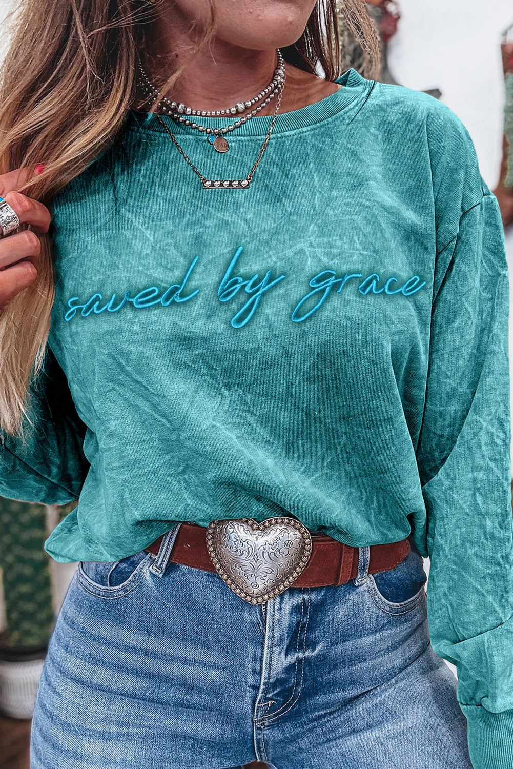 Saved By Grace Embroidered Mineral Wash Sweatshirt