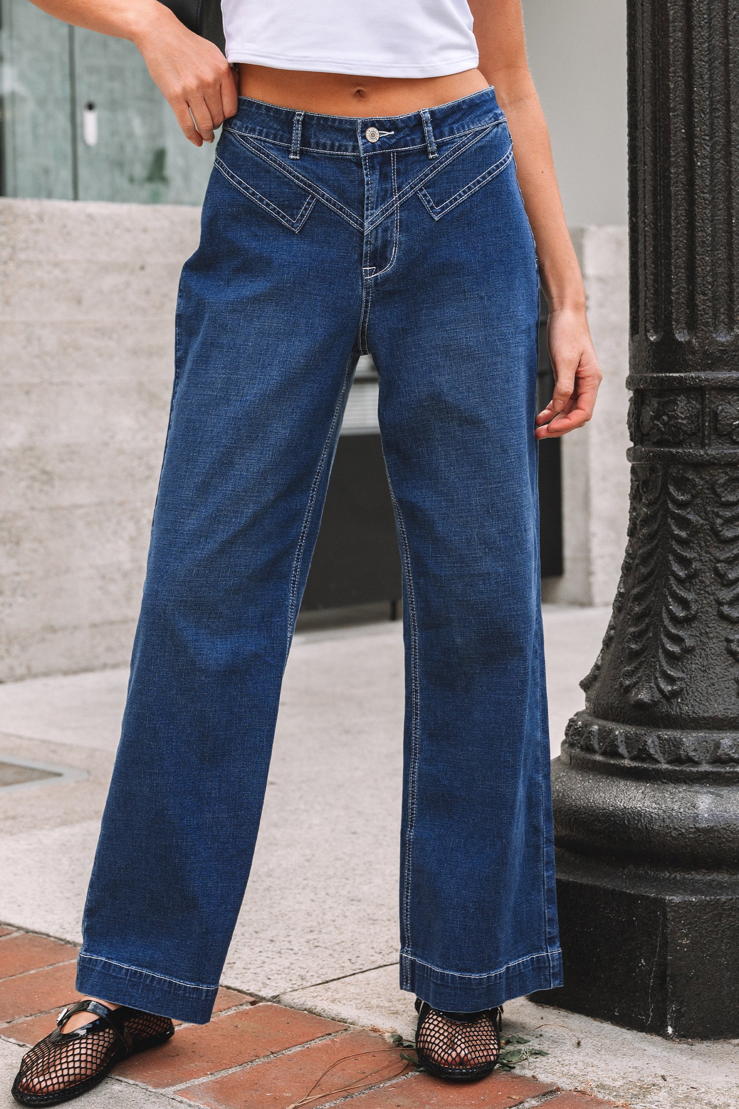 Stitched Waist Detail Loose Cuffed Jeans