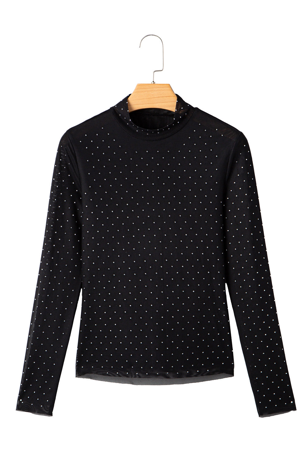 Rhinestone Embellished Mesh Long Sleeve Top