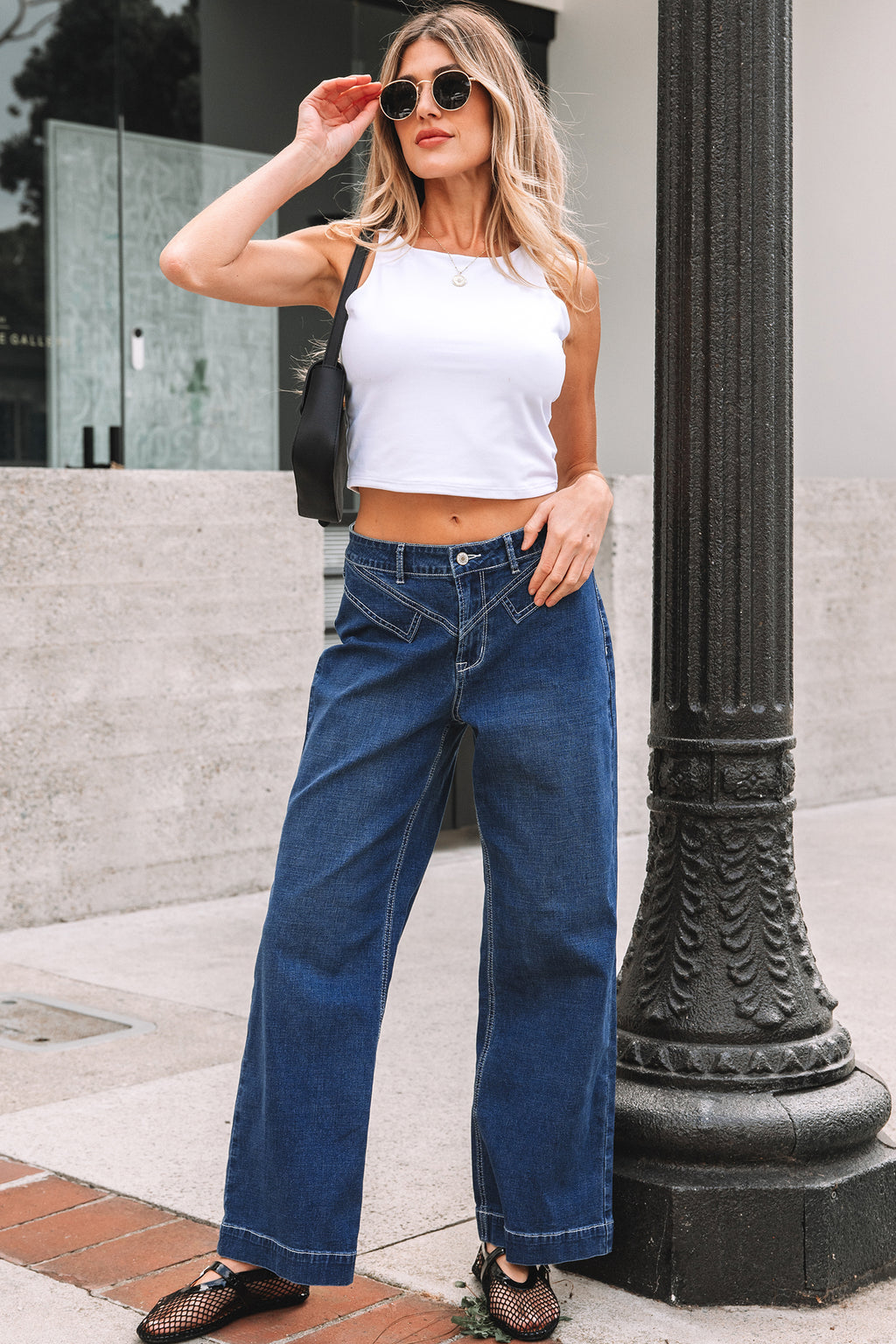 Stitched Waist Detail Loose Cuffed Jeans