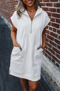 White Textured Half Zip Collared Mini Dress
