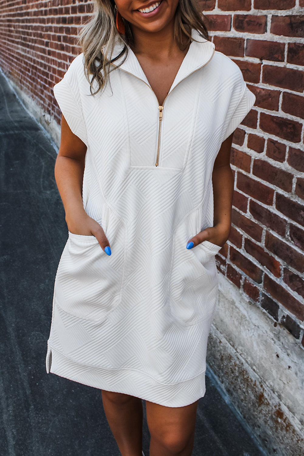 White Textured Half Zip Collared Mini Dress