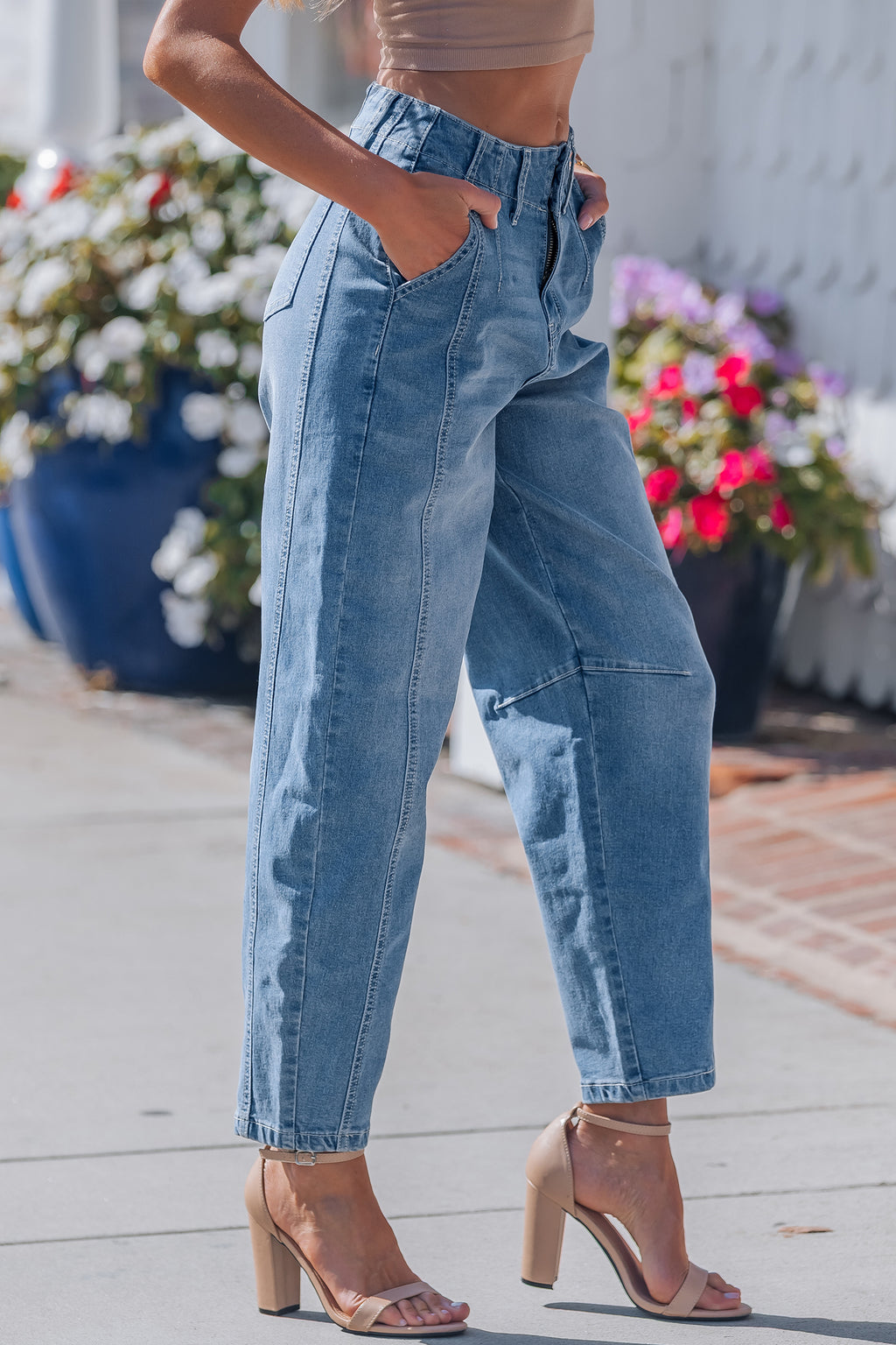 Medium Wash Cuffed Barrel Jeans