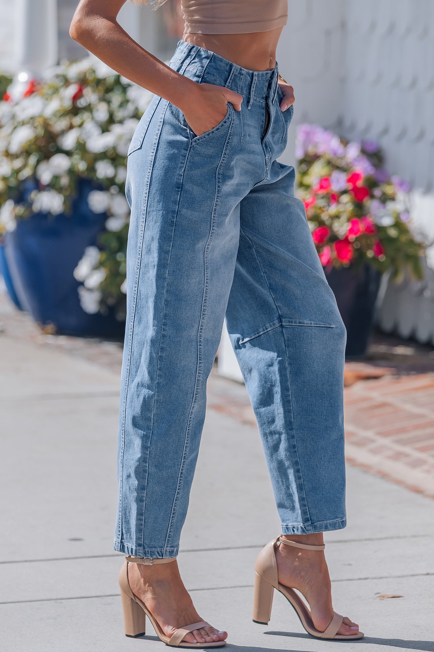 Medium Wash Cuffed Barrel Jeans