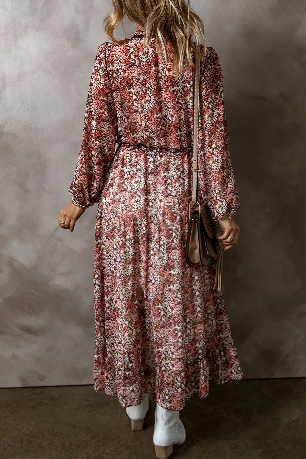 Floral Print Frilled V Neck Midi Dress