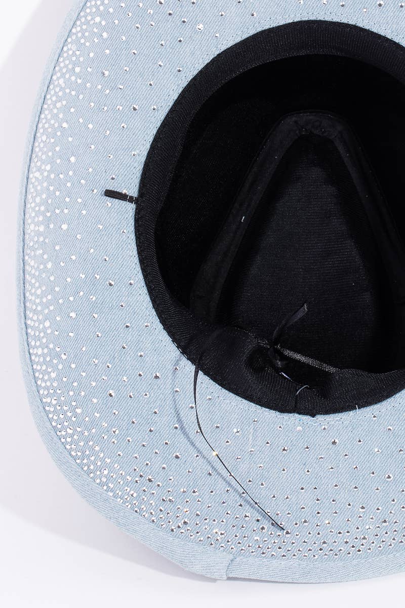 Rhinestone Studded Light Denim Western Fedora Hat