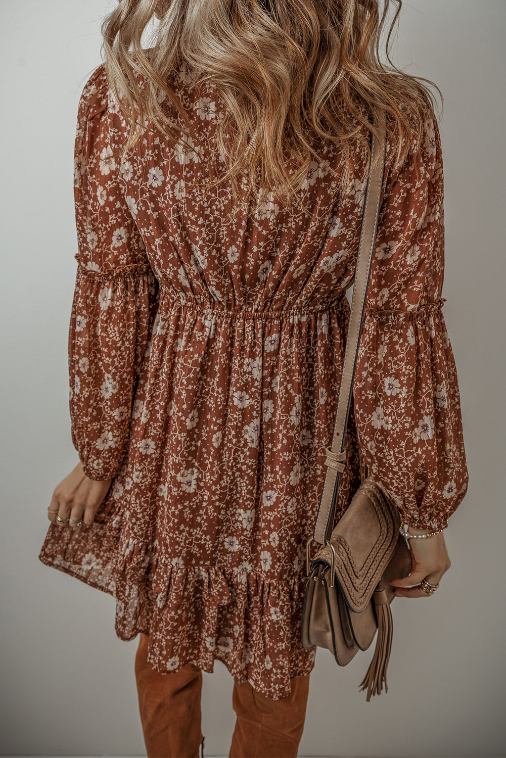 Boho Floral Ruffled V Neck Mini Dress