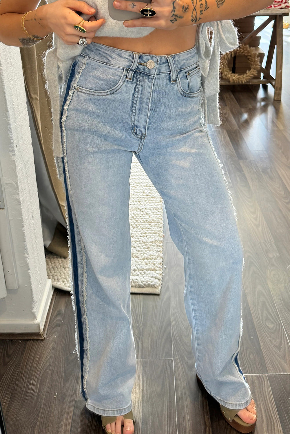 Contrast Stripe Frayed Side Panel Jeans